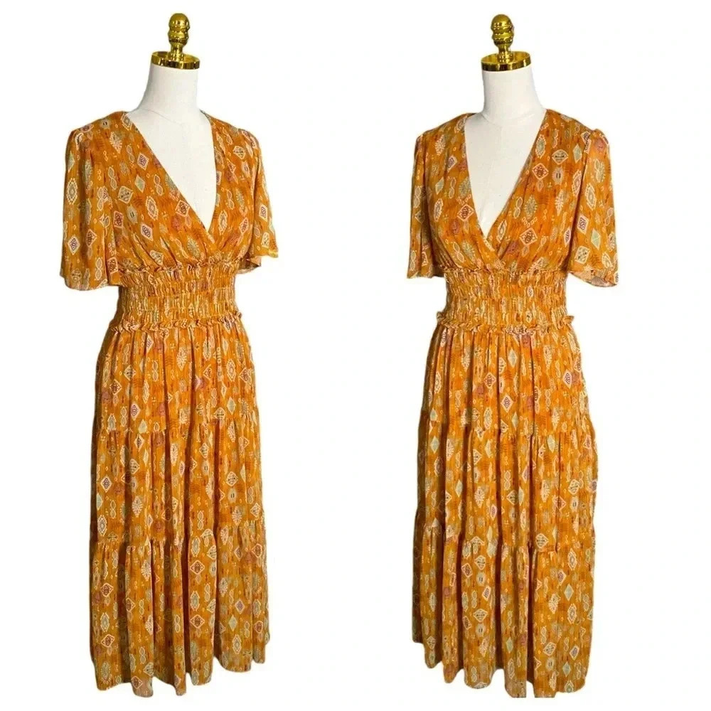 TAYLOR | Smocked Waist Brown Cottagecore Fit-And-Flare Tiered Midi Dress Size S - Picture 5 of 14